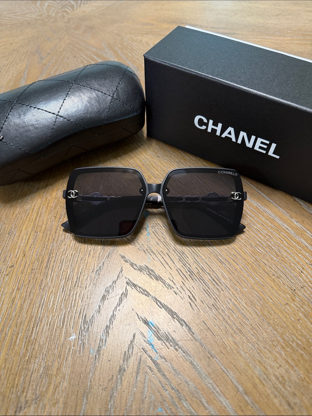 CHANEL Black Oversized Square Sunglasses with Silver CC Accents